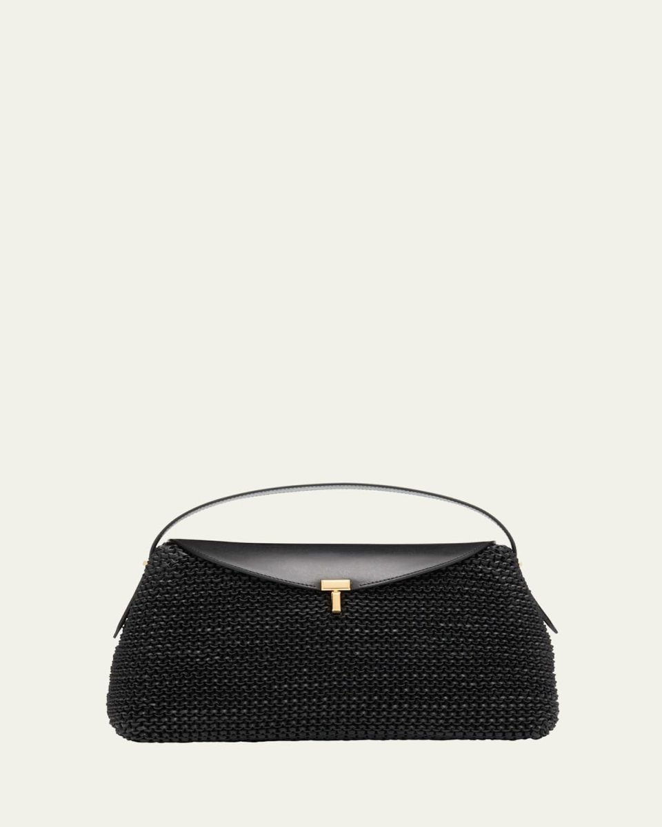 T Lock Woven Leather Top-Handle Bag